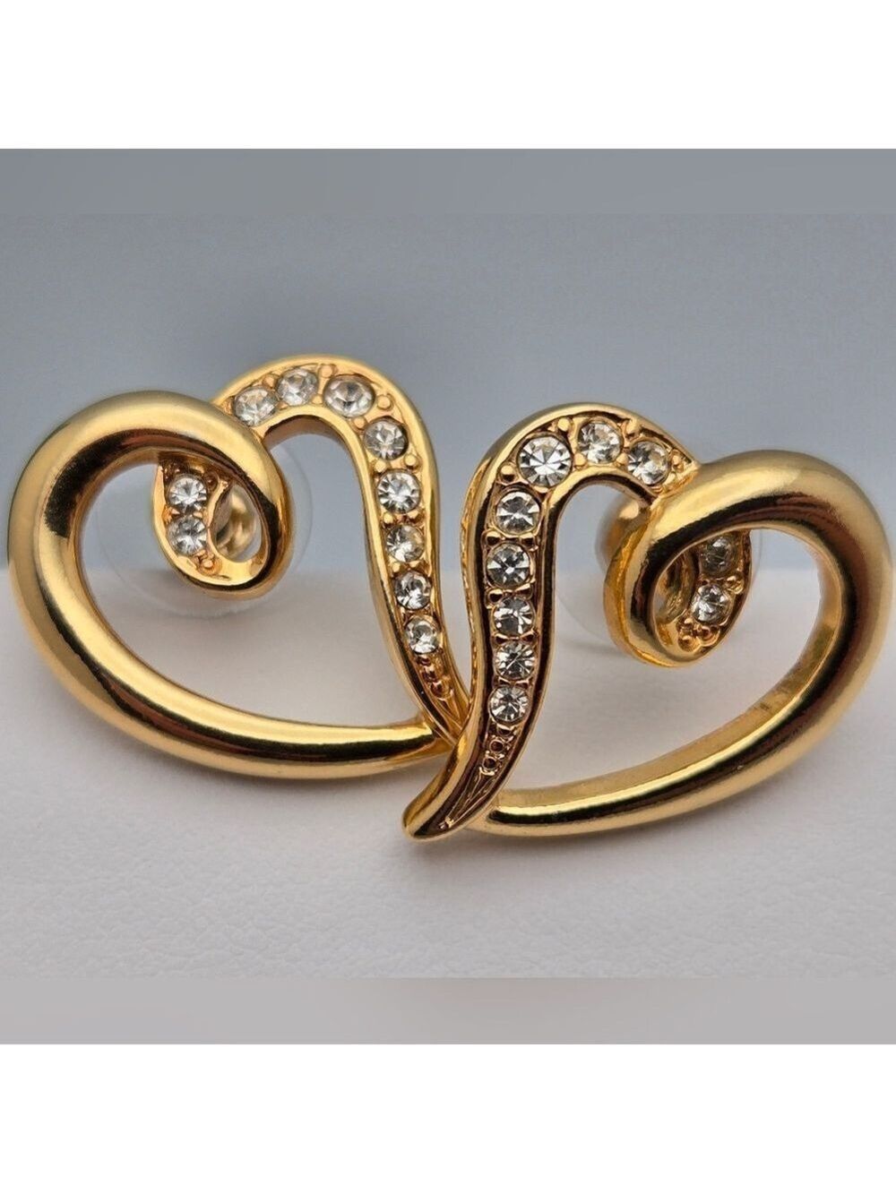 Heart Earrings Diamonds Romantic Vintage w/ Rhinestone Inspired Gold Tone Swirl